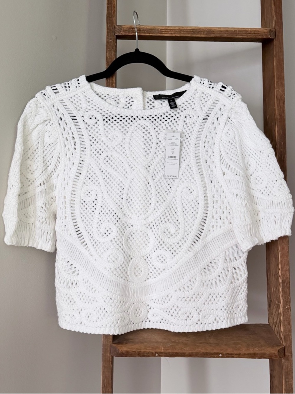 White House Black Market Puff Sleeve Novelty Crochet Cropped Top Blouse Medium - Picture 3 of 16
